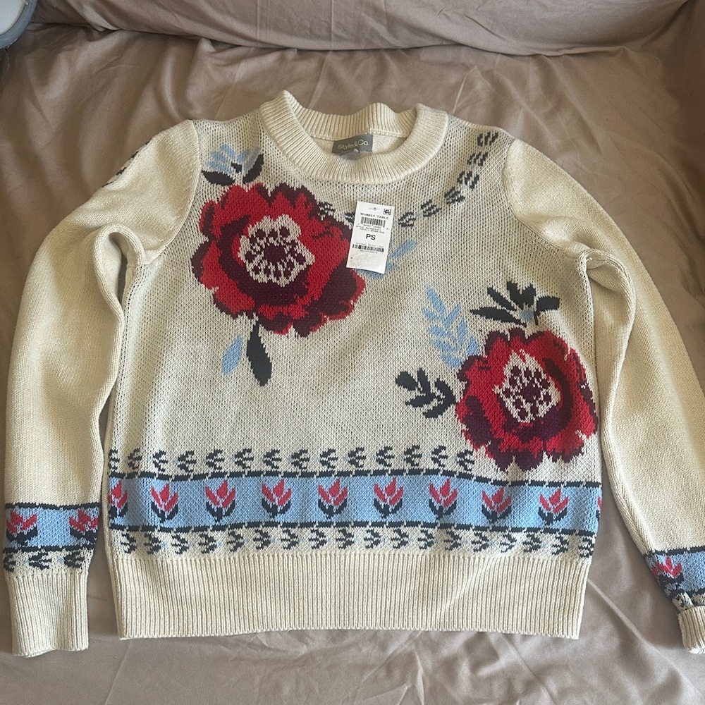 Style & Co. Cream and Red Floral Sweater